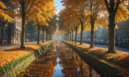 A quiet canal in the heart of the city, lined with golden autumn leavesの素材