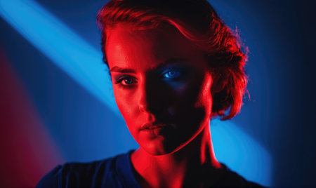 A woman looks intensely at the camera, illuminated by a red lightの素材