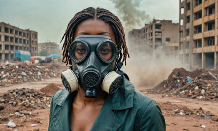 A woman wearing a gas mask stands in a destroyed city, her face grim as she looks toward the cameraの素材