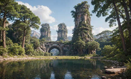 A stone bridge spans a serene river, nestled among lush greenery and towering rock formations on a sunny dayの素材