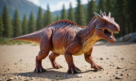 A red dinosaur walks on a dirt path in a forestの素材