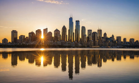 The sunrise over the city skyline creates a stunning reflection in the calm waterの素材