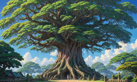 A massive tree with thick roots stands tall in a green forest, casting shade on a sunny dayの素材