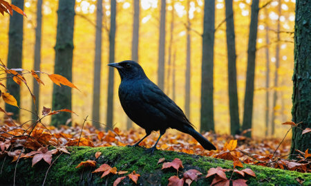 A black bird perches on a mossy log in a forest with yellow leavesの素材
