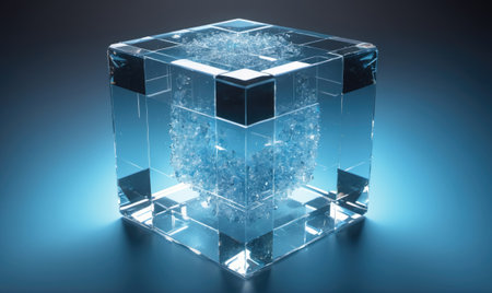 A clear glass cube sits on a blue surface, containing a textured, ice-like form in its centerの素材