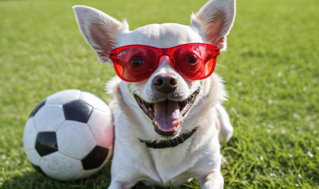 A white dog wearing red sunglasses smiles next to a soccer ball on a grassy fieldの素材
