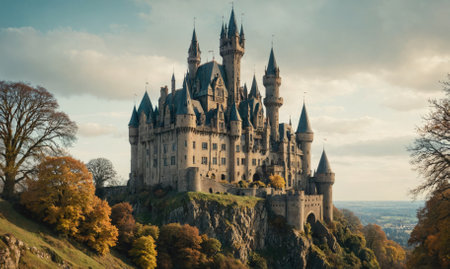 A majestic castle sits atop a rocky cliff overlooking the surrounding countryside on a bright dayの素材