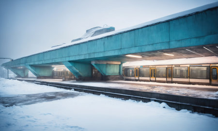 A train sits at a station platform covered in snow on a cold, winter dayの素材