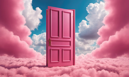 A pink door stands open in the clouds, inviting you to step into the unknownの素材