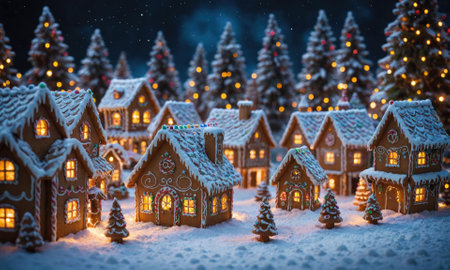 A gingerbread village sits in the snow under a starry night skyの素材