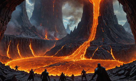A group of warriors stand on the edge of a vast lava field, gazing out at the fiery landscapeの素材