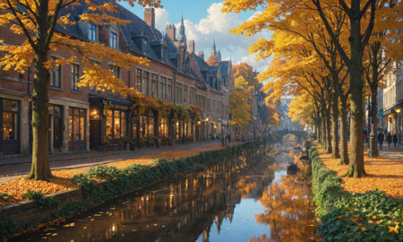 A canal in Bruges, Belgium, lined with colorful autumn trees and historic buildingsの素材