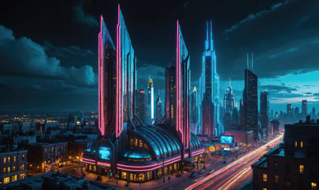 A neon-lit cityscape at night, with tall buildings and a busy street belowの素材