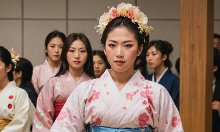 A woman wearing a white kimono with pink flowers stands in front of other women in kimonosの素材