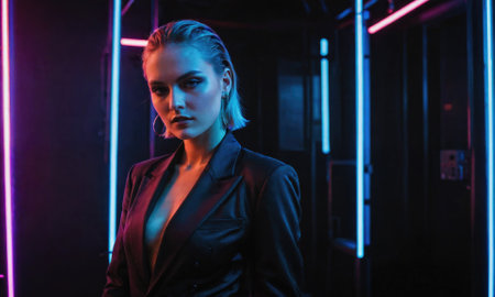 A woman with short blonde hair stands in a dark room lit by neon lightsの素材