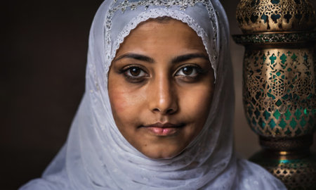 A young woman in a white hijab looks directly at the camera, standing near an ornate metal lampの素材