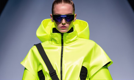 A model walks the runway in a bright yellow hooded jacket with a black strapの素材