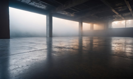 Sunlight streams through the windows of a large, empty building, casting beams of light across the concrete floorの素材