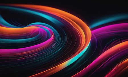Abstract swirls of neon colors against a dark background create a dynamic, mesmerizing patternの素材