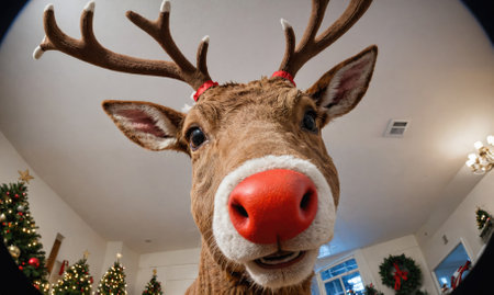 A reindeer with a red nose looks directly at the camera in a house decorated for Christmasの素材