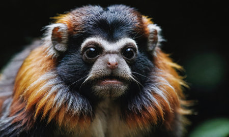 A red-handed tamarin stares intently at the camera, its fur a striking contrast against the dark backgroundの素材