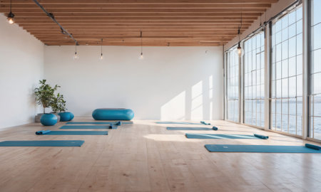 A bright and airy studio space with large windows, wooden floors, and blue yoga mats, perfect for a relaxing workoutの素材