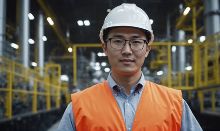 A worker in a factory looks directly at the camera while wearing a hard hat and safety vestの素材