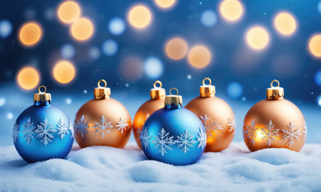 Blue and gold ornaments rest on the snow, illuminated by warm lightsの素材