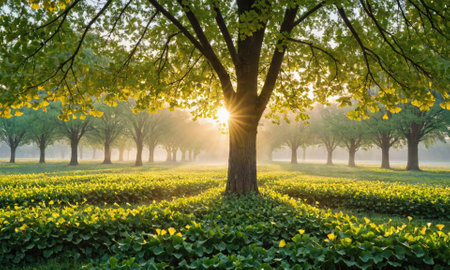 A large tree stands tall in a field of green, sunlight shining through the branches, illuminating the sceneの素材