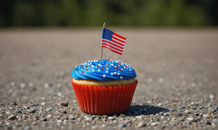 A patriotic cupcake with blue frosting and red, white, and blue sprinkles sits on a gravel pathの素材