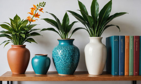 Four houseplants sit in different ceramic vases on a wooden shelfの素材