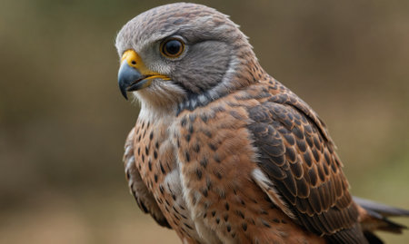 A kestrel perches in a field, its keen eyes scanning the ground for preyの素材