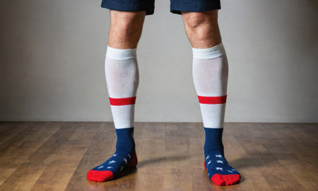 A pair of white socks with red stripes and American flag designs on the toes are shown on a persons legs against a plain grey wallの素材