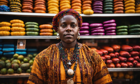 A woman wearing a colorful head wrap and traditional clothing stands in front of a market stall filled with various fruits and vegetablesの素材