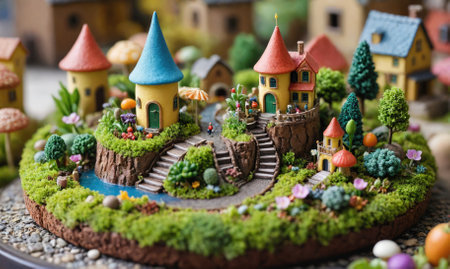 A miniature village with houses, trees, and a winding path, all crafted with intricate detailの素材