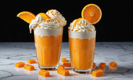 Two orange smoothies topped with whipped cream and orange slices sit on a marble surfaceの素材
