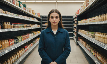 A woman stands in the middle of a grocery store aisle, looking directly at the cameraの素材