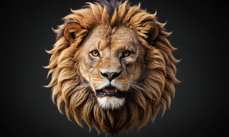 A lions head stares intensely at the camera, its mane flowing in the windの素材