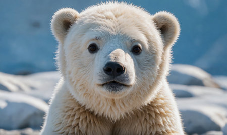 A polar bear stares directly at the camera in a snowy environmentの素材