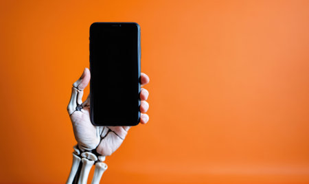A skeletal hand holds up a black smartphone in front of an orange backgroundの素材