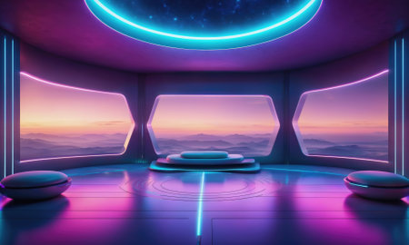 A futuristic room with large windows overlooking a sunset sky, illuminated by neon lights and featuring a platform in the centerの素材