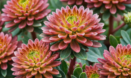 Close-up of vibrant pink and orange flowers with yellow centers in a garden settingの素材