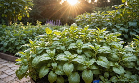 A close-up of a patch of basil plants in a garden, bathed in warm afternoon sunlightの素材