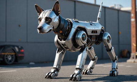 A robotic dog stands in an urban setting, ready for actionの素材