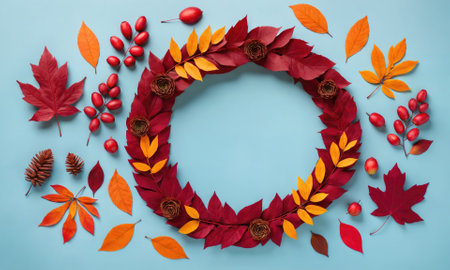 A wreath made of fall leaves and pine cones sits on a blue background with other autumnal decorationsの素材