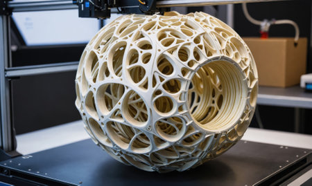 A 3D printed sphere, finished and resting on the print bed of a 3D printerの素材