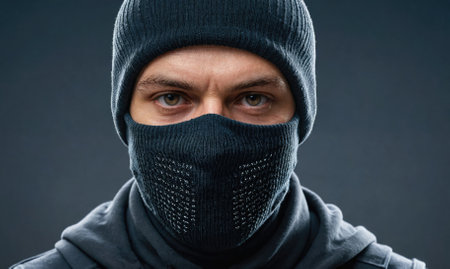 A man wearing a black knitted beanie and balaclava stares intensely at the cameraの素材