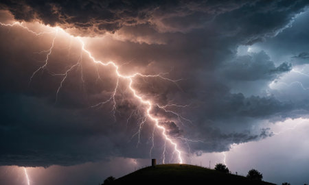 A powerful lightning bolt strikes down through a dark storm cloud above a hilltopの素材