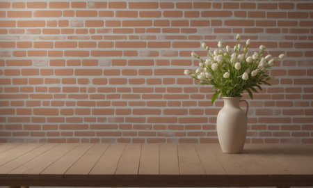 A vase of white tulips sits on a wooden table in front of a brick wallの素材