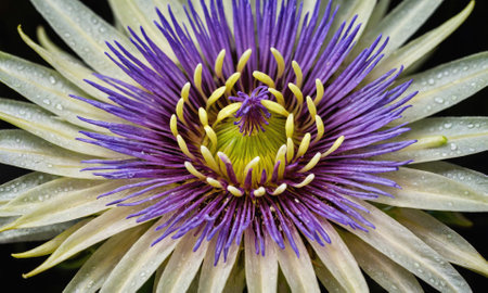 A close-up of a purple and white passion flower with water droplets on its petalsの素材